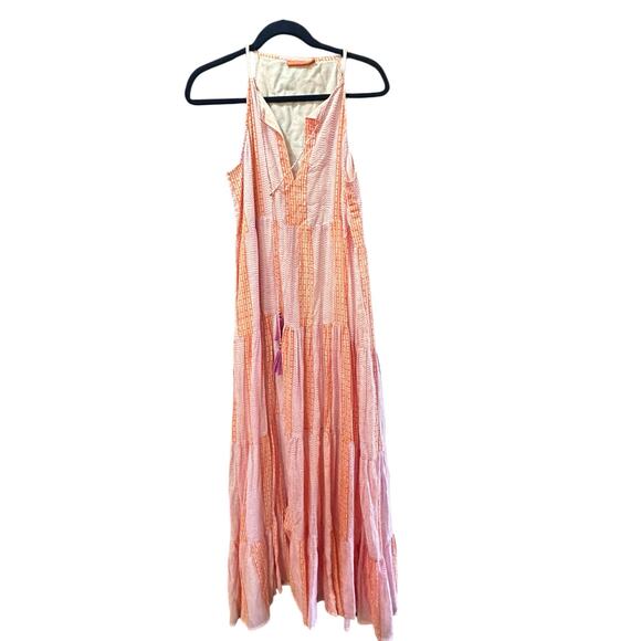 Oliphant Women's Pink Striped Print Long Tiered Tassel Maxi Dress Size Large - Picture 1 of 6